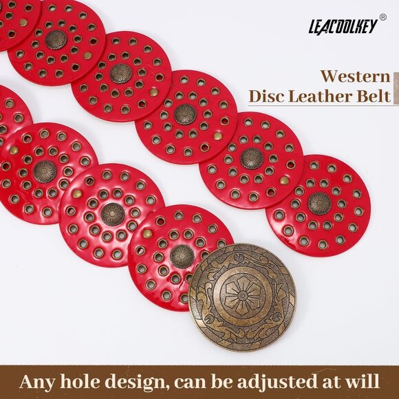 Women's Boho Disc Belt Wide Western Leather Belt Vintage Concho Waist Belts Red - Picture 3 of 6